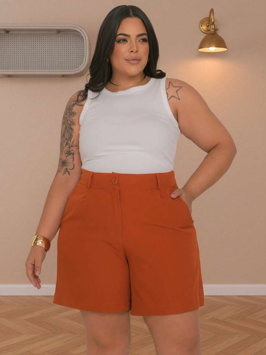 WUUW Women's Plus Size Tailored High-Waisted Shorts, Stylish And Comfortable – Summer 2025 - 橘色 - 查看 1