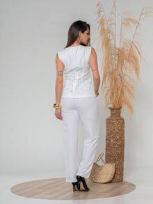 Elegant Plain Vest And Trousers Set C3302 - White - View 4