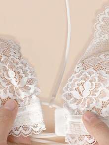 女士白色深V领法式蕾丝内衣，无钢圈性感露背前扣文胸 - 白色 - 查看 5