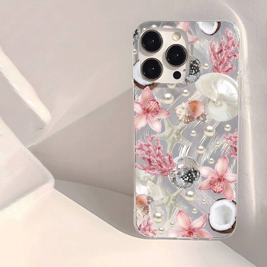 1 Pieza Funda de Teléfono Transparente IMD Suave Brillante y Lisa de Verano con Patrón de Flor Hermosa, Perla y Coco, Impermeable, Anti-Huella Dactilar y Anti-Arañazos para iPhone16/16Plus/16Pro/16ProMax/iPhone15/15Plus/15Pro/15ProMax/iPhone14/14Plus/14Pro/14ProMax/iPhone13/13Pro/13ProMax/iPhone12/12Pro/12ProMax/iPhone11/11ProMax/11Pro - Colores mixtos - Ver 1