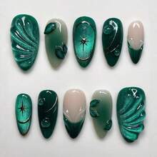 24Pcs Cool-Tone Green Press On Nails, 3D Wavy French Tip Cat-Eye False Nails - Reusable Wearable Glue-On Artificial Nails, No Damage Removable Manicure Tips,  Chic Ready-To-Wear For Women Fashion Party Daily Casual Beauty Accessories - 綠色 - 查看 2