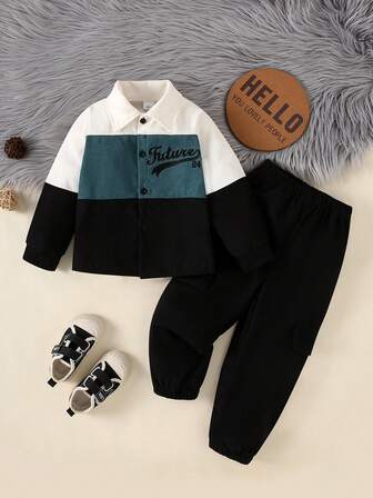 2 件套男童字母刺绣灯芯绒拼布夹克和纯色裤子套装，秋冬