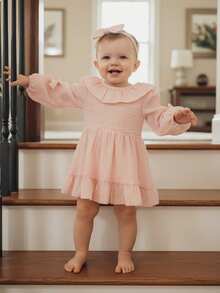 1M-18M Baby Girl Fall Outfits Decorative Bow Ruffled Trim Solid Color Long Sleeve Romper Dress And Bow Headband 2 Pcs Set - 粉色 - 查看 2