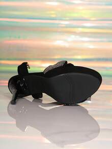 1 par de sandalias de tacón alto con suela gruesa y cristales de moda, de unicolor, para uso en exteriores en verano, tacón fino y súper alto para mujeres, tacones de plataforma para mujeres - Negro - Ver 6