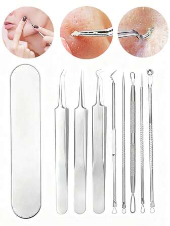 Four-Piece Stainless Steel Blackhead Remover Set, Including Pimple Extractor, Acne Remover, Blackhead And Whitehead Remover, Medical-Grade Acne Treatment Tools, Face, Nose, And T-Zone Blemish Removal Kit, Suitable For Blackheads, Pimples, Whiteheads, Acne, And Blemishes.