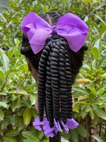 1pc Kinky Marley Ponytail With Elastic Band Soft Hair Girl Braided With Bow Clip, Flower Clip In The End Ponytail - Black - View 12