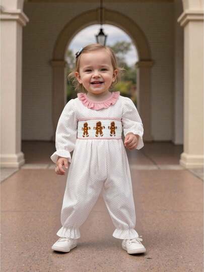 Baby Girl Bubble Romper Santa/Gingerbread Embroidery Smocked Long Sleeve Christmas Jumpsuit