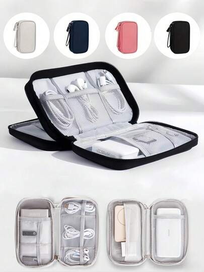 1pc/Set Double Layer Digital Accessories Organizer Bag, Multi-Functional Storage Pouch, Nylon Multi-Pocket Handbag Organizer, Mesh Design, Large Capacity, Dual Zipper Big Size Waterproof Portable Electronics Accessories Bag, Minimalist Solid Color, Suitable For Daily Use And Home Organization