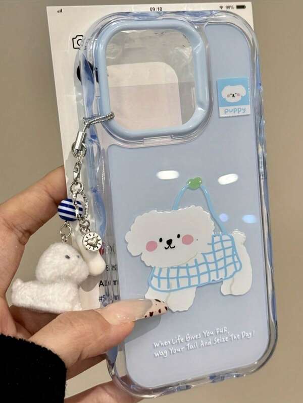 Cute Cartoon Grid Bag Puppy Pendant Wave Jelly Phone Case Compatible With IPhone 17 Pro Max 17 Pro 17 Air 16 17 Pro Max 15 Plus 14 Pro 13 12 11 Lovely Back Cover