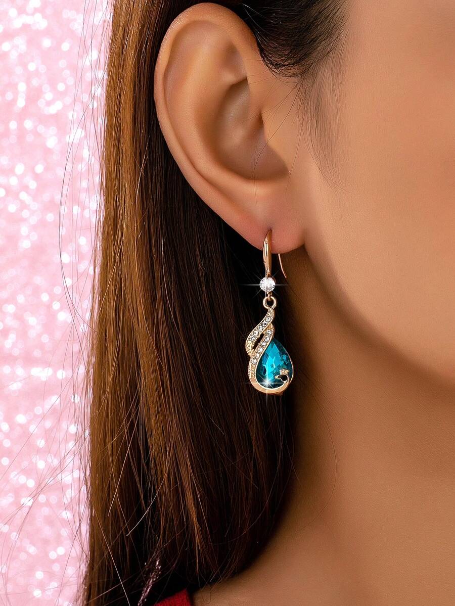 1 Pair Fashionable & Elegant Blue Faux Gemstone Peacock Pendant Earrings, Suitable For Daily, Date, Vacation, Party And Gift - Multicolor - View 1