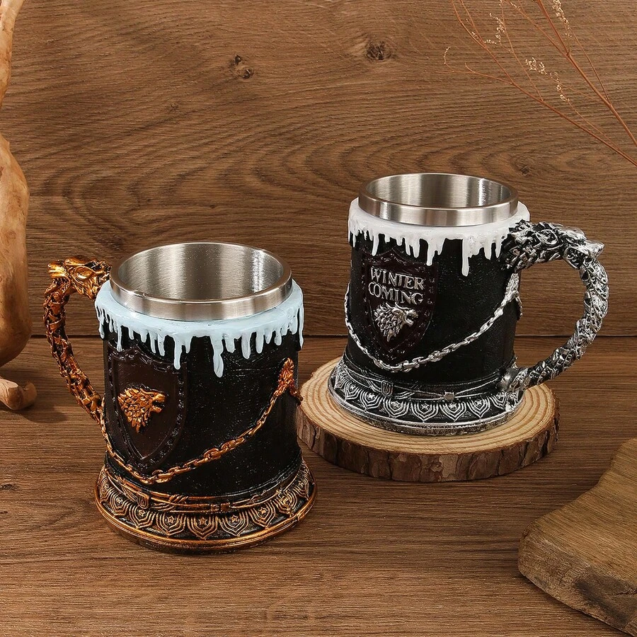 1pc Winter Themed Stainless Steel Cup, Handcrafted Frost Design 3D Embossed Stainless Steel Beer Mug, Gothic Resin Beer - Ideal For Bars, Home Use And Holiday Parties - Christmas, New Year Or Birthday Gift, Holiday Gift Cup | Elegant Frost Pattern | Durable Drinkware, Coffee Cup - Multicolor - View 1