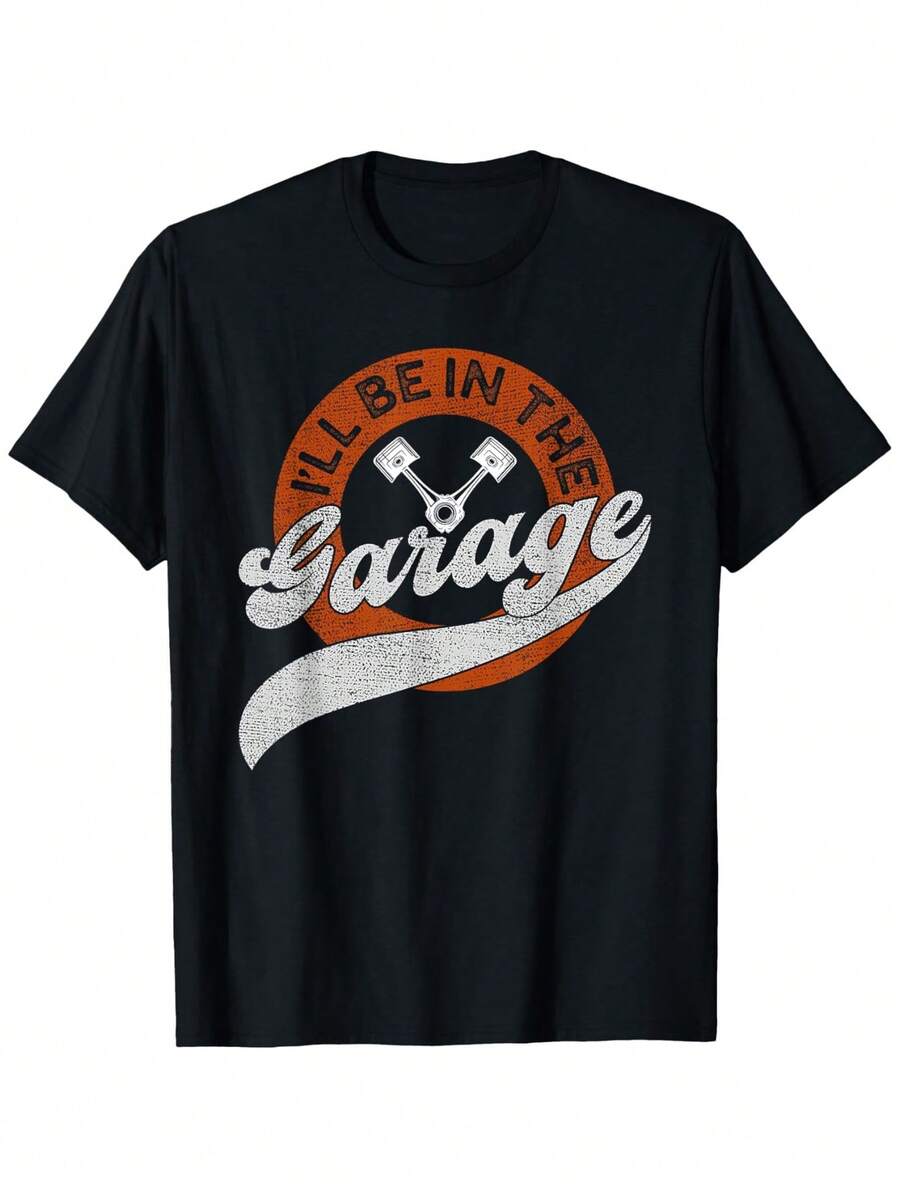 1pc Men'S Cotton T-Shirt With Garage Print - 180g Knit Fabric, Slight Stretch, Crew Neck, Regular Fit, All-Season, Mature Style, Short Sleeve, Black - Perfect For Garage Workers & Car Enthusiasts, S-XXXL - 黑色 - 查看 1