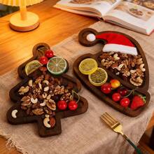 1个圣诞节托盘，可爱木质圣诞树水果盘，蛋糕甜点分隔木质托盘，派对用品 - 木質色 - 查看 1