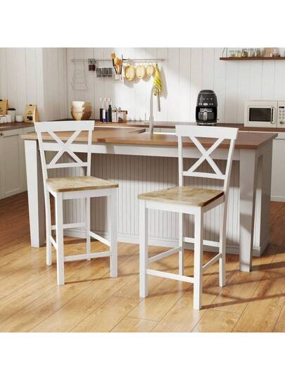 HOMCOM Set Of Bar Stools Backrest Footrest, Rubberwood, Kitchen, Dining Room, Bar, Oak+White view 9