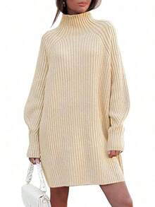 2026 Women's Casual Knit Dress Sweater Dresses For Women  Fall Fashion Mock Neck Long Lantern Sleeve Oversized Outfits Knit Tops Clothes ​ , Bodycon Long Sleeve ​ For Sports Outdoor Wear, Loose Fit Long Sleeve Comfy Daily Outfits For Women - 杏 - 查看 12