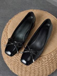 Women's Square Toe 3cm Heel Pumps, Suitable For Work, Commute, Dinner Party, Vintage Bow Accent, Navy Blue, Fashionable And Versatile Casual Slip-On Shoes - 黑色 - 查看 4