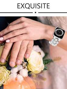 Pulsera con cuentas compatible con Apple Watch para mujeres, de 38mm, 40mm, 41mm, 42mm, 44mm, 45mm, 46mm, 49mm, con cristal y perlas, pulsera elástica de metal en colores rosa, plateado, negro y dorado rosa para Apple Watch Ultra Series SE 11 10 9 8 7 6 5 4 3 2 1