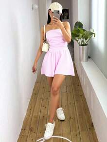 Vestido corto rosa elegante y sexy para mujer, sin tirantes, corte en A, con bajo plisado y cintura ajustada, confeccionado en tejido plano. - Rosa - Ver 8