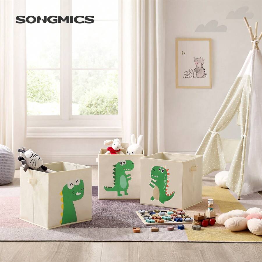 SONGMICS 3 Cajas de Almacenamiento de Niños, Juego de Organizadores de Juguetes 30 x 30 x 30 cm, Cubos Plegables con Asas, para Dormitorio, Sala de Juegos, Patrones de Dinosaurios, Beige - Beis - Ver 1