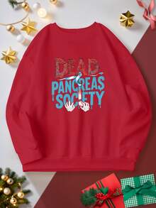 Sudadera de cuello redondo de poliéster para mujer, jersey casual de punto para otoño/invierno, con estampado gráfico de la Sociedad Geométrica del Páncreas Muerto, para la moda femenina. - [Rojo] - Ver 13