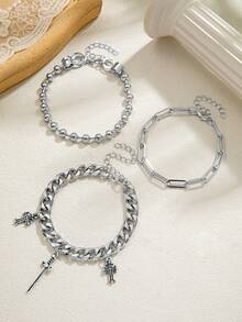 3件套男士嘻哈风十字剑吊坠叠戴手链套装，日常/派对/晚宴佩戴饰品，生日/节日礼物 - 銀色 - 查看 3