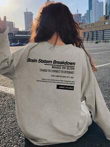 女士宽松字母印花长袖T恤，适合春秋季休闲穿着 - 淺花灰 - 查看 4