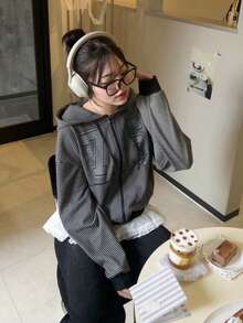 Áo khoác cardigan có mũ trùm đầu, kẻ sọc, in chữ Street Letter, kiểu dáng thường ngày, thích hợp cho mùa xuân. - Đen và trắng - Xem 5