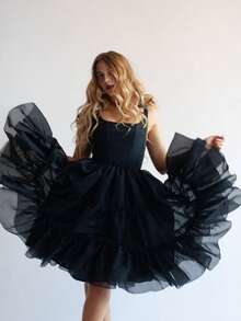 Womens Party Tutu Dress Stylish Solid Ruffled Trim Tie Back Sleeveless Tie-Shoulder Midi A-Line Dress - Black - View 7