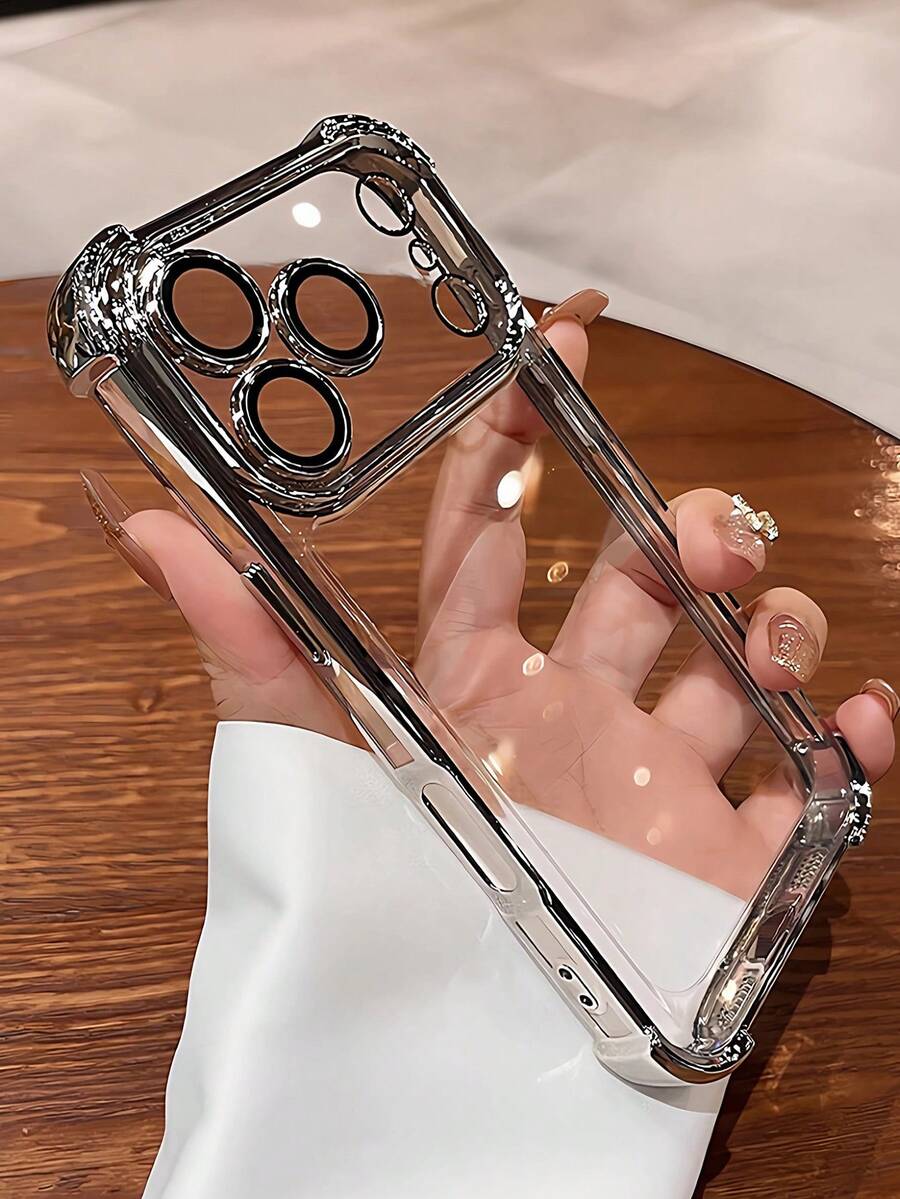 6D Plating Silver Clear Case For IPhone17promax/17/11/17 Pro/17air/16/16pro/16plus/16pro Max/15/15pro/15plus/15pro Max/14/14pro/14plus/14pro Max/13/13pro/13pro Max/13mini/12/12pro/12pro Max/12mini/11/11pro/11pro Max/Xs/X/Xr/Xs Max/7g/8g/7plus/8plus/Se/Se2/Se3- Camera Protector & 4-Corner Shockproof Cover - Silver - View 1