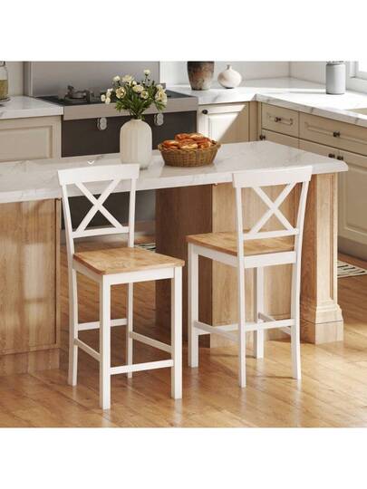 HOMCOM Set Of Bar Stools Backrest Footrest, Rubberwood, Kitchen, Dining Room, Bar, Oak+White view 6