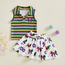 2Pcs/ Set Toddler Baby Girl Carnival Games Outfit Summer Sleeveless Lapel Collar Solid Color/Striped Vest Tops With Pleated Skirt Set - trắng - Xem 1