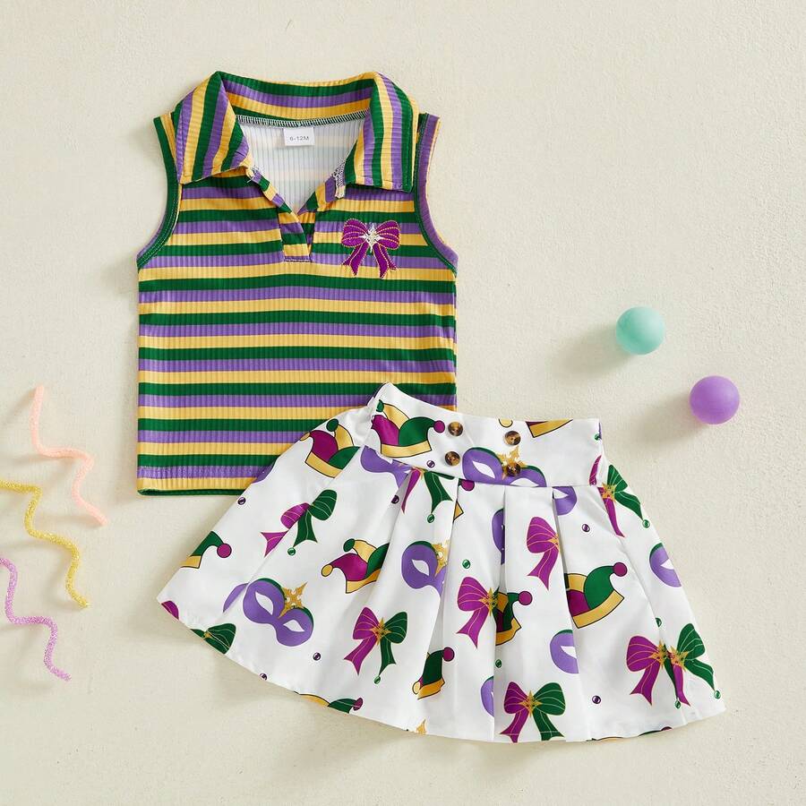 2Pcs/ Set Toddler Baby Girl Carnival Games Outfit Summer Sleeveless Lapel Collar Solid Color/Striped Vest Tops With Pleated Skirt Set - trắng - Xem 1