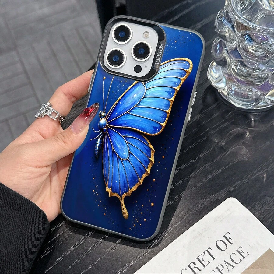 Colorful Silver Apple Phone CaseA Blue Butterfly With Gold Accents On A Blue BackgroundCompatible With 11 To 17 Models The Cases Lens Protection Function Ensures The Camera Remains Undamaged During Shooting Guaranteeing Image Quality - Black - View 1