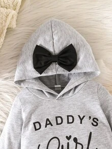 Baby Girls' Minimalist Comfortable Spring/Autumn New Letter Print Hooded Bow Decor Long Sleeve Jumpsuit - Light Grey - View 3