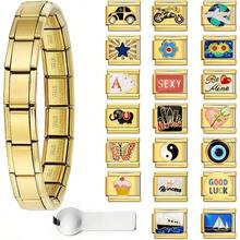 Italian Charm Bracelet With 10 Or 20 Charms, Stainless Steel Adjustable Charm Bracelet Women Men, Includes Opener U2013 Gold Or Silver Options - Gold-20PCS - 查看 1