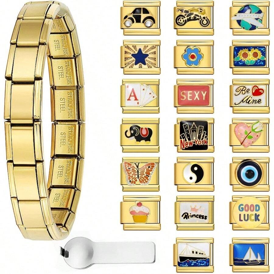 Italian Charm Bracelet With 10 Or 20 Charms, Stainless Steel Adjustable Charm Bracelet Women Men, Includes Opener U2013 Gold Or Silver Options - Gold-20PCS - 查看 1