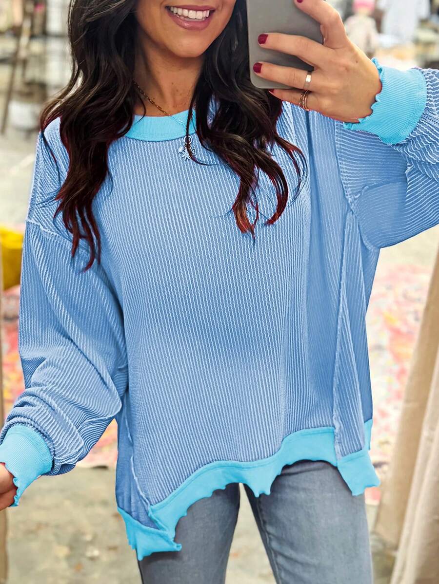 Acelitt 纹理条纹卷边长袖休闲宽松圆领T恤，秋冬季 - 藍色 - 查看 1