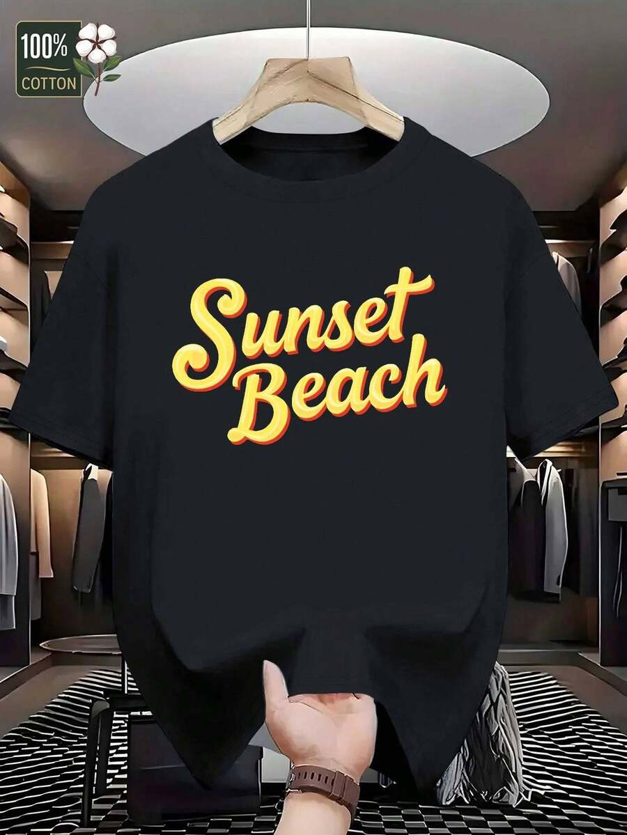 Camiseta gráfica de playa de puesta de sol para hombre GILDAN - Camiseta casual de algodón con diseño vibrante de naranja y amarillo, cuello redondo, ajuste regular para ropa de playa de verano, ropa de playa.