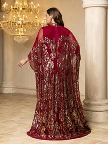 SUPGIR [Random Print] Plus Women's Stand Collar Long Sleeve Reversible Sequin Patchwork Mesh Fabric Temperament Evening Dress