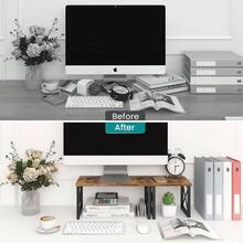 Wood Desktop Shelf, Freestanding Small Bookshelf Dorm Supplies Organizers, 2 Tier Stackable Desk Stand, Adjustable Storage Organizer, Kitchen Counter Display Rack, White - Rustic Brown - 查看 5