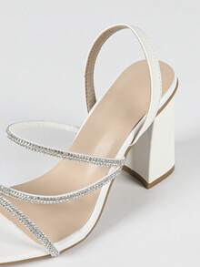 Women's New Fashionable Elegant White Rhinestone Square Toe Ankle Strap High Heel Sandals, Suitable For Summer Wedding, Party, Gathering, Outdoor, Daily Wear, Chunky Heel - White - View 8