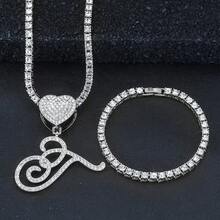 1 Set Women's Elegant Heart & Letter Pendant Necklace With Single Row Rhinestones, Matching Single Row Rhinestone Bracelet, Suitable For Daily Wear, Parties And Events, Versatile Jewelry Set - Fashionable Heart Letter Pendant Necklace - View 52