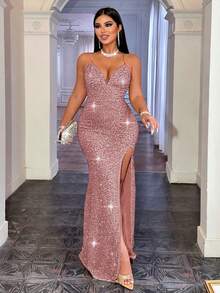 CHOSMO Metallic Chain Strap Backless High Waist Slit Dress, Elegant Formal Gown For Women, Suitable For Gala, Wedding, Cocktail Party