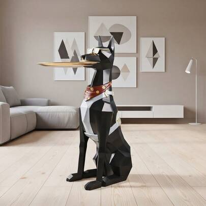 75cm/29.53in Geometric Doberman Pinscher Floor Standing Sculpture With Gold Tray, Large Modern Statue Suitable For Living Room, Practical Art Decor, Size: 35*22*75cm