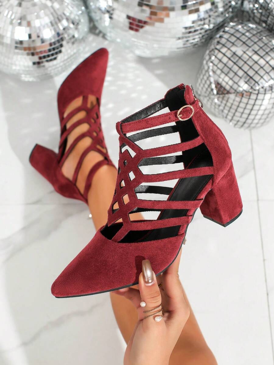 Pointed Toe Fashionable Elegant Solid Color Rhombus Pattern Hollow Out Chic Party Stiletto High Heel Sandals For Women,Spring Summer Outfits - Red - View 1