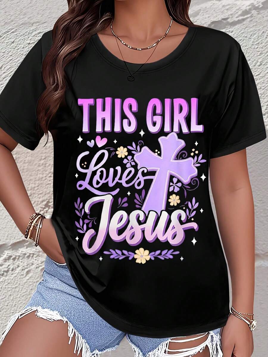 Women Short Sleeve T Shirt Christian Faith This Girl Loves Jesus Cross Floral Print Casual Church Wear Daily Outfit Summer Top - màu đen - Xem 1