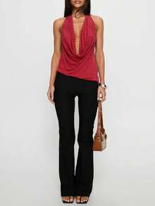Women's Halter Vest Tops Deep V Cowl Neck Backless Rivet Going Out Tank Tops Cowl Neck Tank Tops Summer Backless Cute Ruched Casual Shirts - Red - View 5