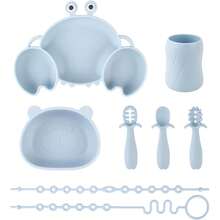 Silikongeschirr-Set: Krabben-Teller, Bären-Schüssel mit Saugfuß, Trinkbecher, 3 Stücke Fütterungslöffel, 2 Stücke Antiverlust-Kette, alles spülmaschinenfest & mikrowellengeeignet