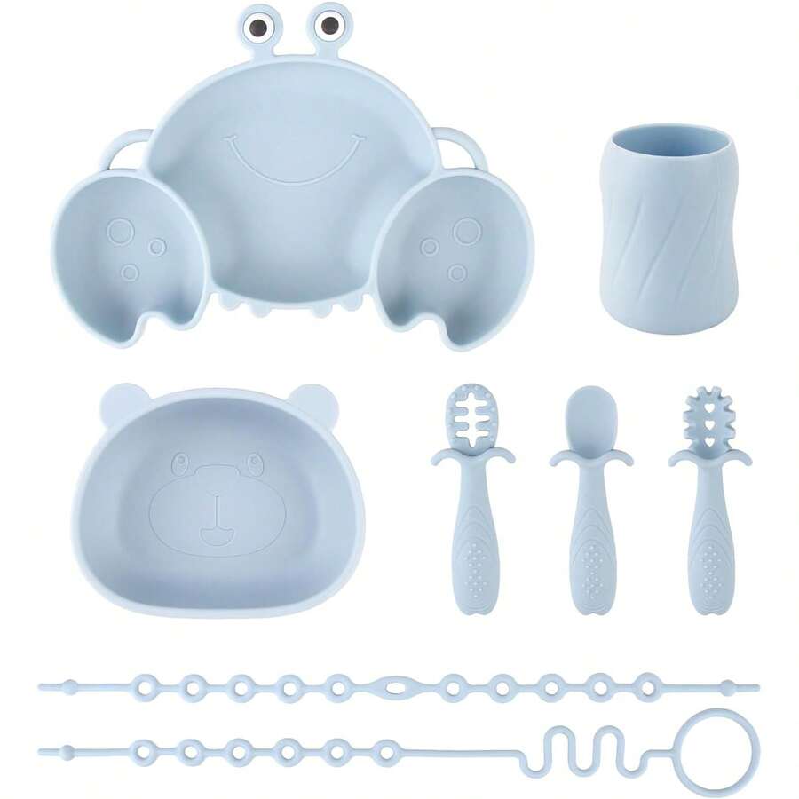 Silikongeschirr-Set: Krabben-Teller, Bären-Schüssel mit Saugfuß, Trinkbecher, 3 Stücke Fütterungslöffel, 2 Stücke Antiverlust-Kette, alles spülmaschinenfest & mikrowellengeeignet