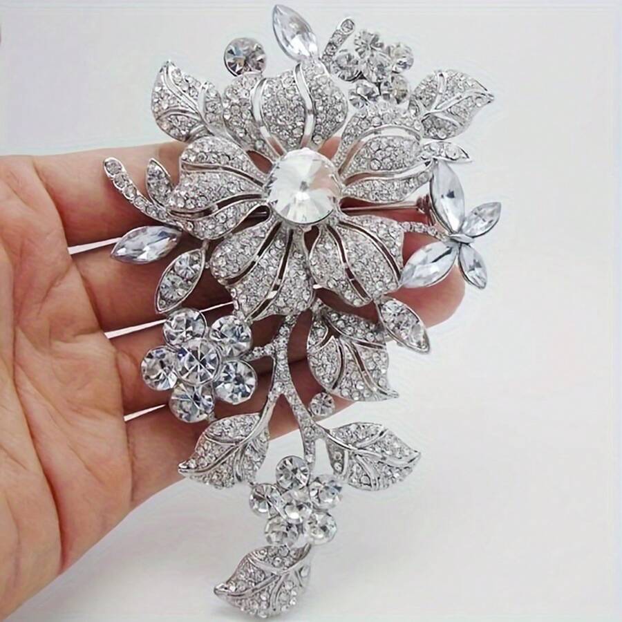 1 Piece Of Elegant Floral Brooch, Alloy Silver Tone, With Rhinestone Decoration, Fashion Accessory Suitable For Both Men And Women. - 銀色 - 查看 1